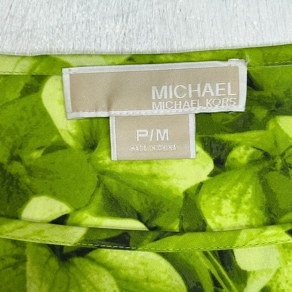 Michael Kors Petite M Green Floral Smocked Blouse Roll Tab Long Sleeve - Picture 7 of 9
